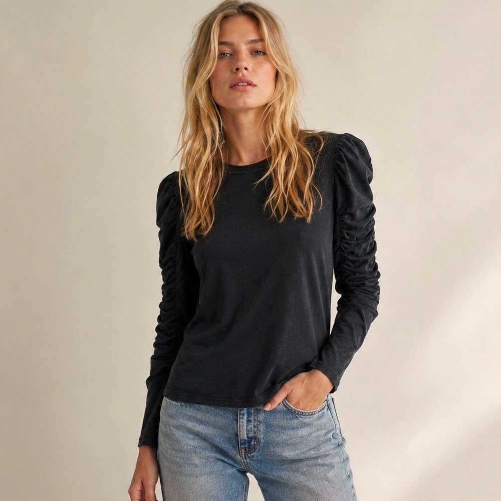 Free People Long Ruched Sleeve Tee Sz M Black